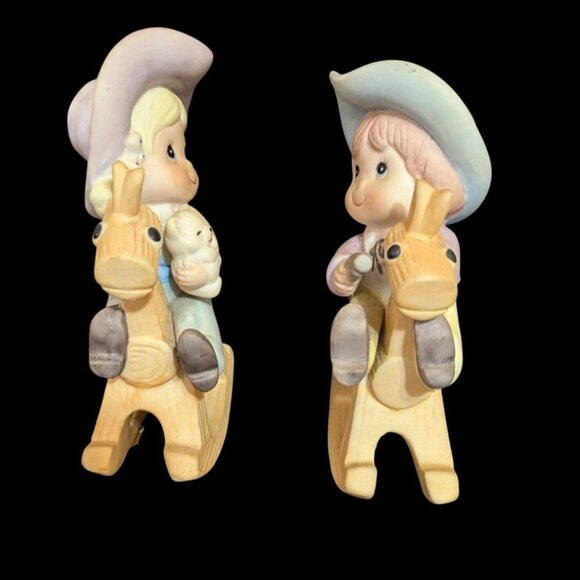 Homco Vintage Cowboy & Cowgirl Figurines Riding Rocking Horses Taiwan 1417 Cute - Picture 2 of 9
